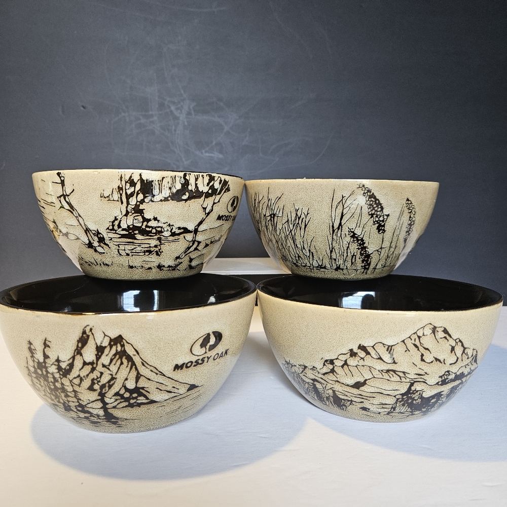 Mossy Oak Brand Stoneware 6" Cereal Bowl Deer Moose Duck Bear Lot of 4